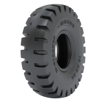 Magna M-STACKER tyre fitted on a reach stacker, designed for maximum traction and durability in demanding port and logistics environments