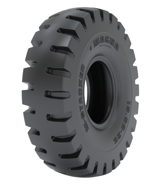 Magna M-STACKER+ tyre fitted on a Kalmar reach stacker, designed for maximum traction and durability in heavy-duty port and container handling applications.